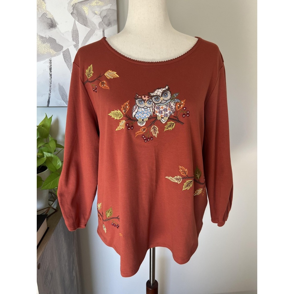 Alfred Dunner Top Petite Large Brown Owl Embroidered Rhinestone 3/4 Sleeve‎ Fall